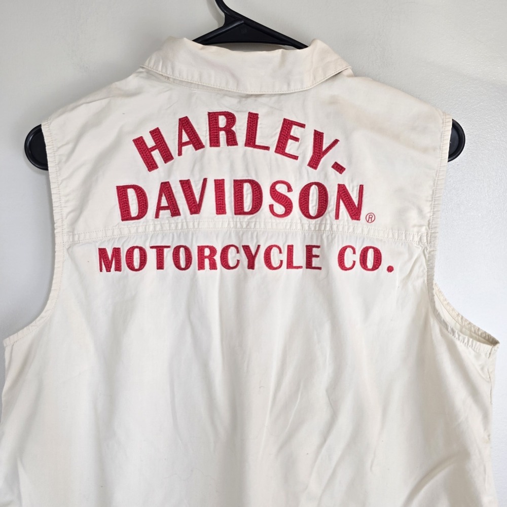 Harley Davidson Womens Sleeveless Motorcycle Collared Shirt Large Off White.C133 - Picture 11 of 13